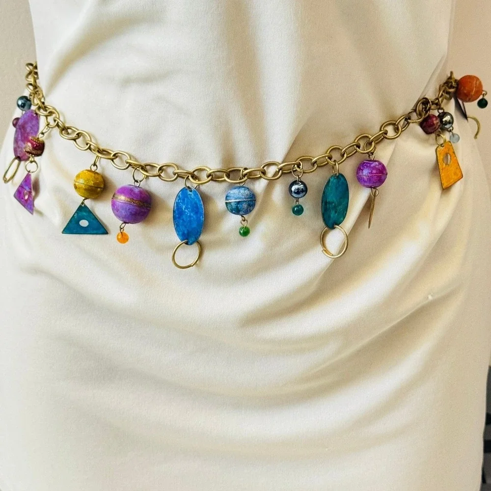 VTG BOHO Colorful Brass Chain Dangle Belt Necklace Cha‎ cha Glass Chunky Retro